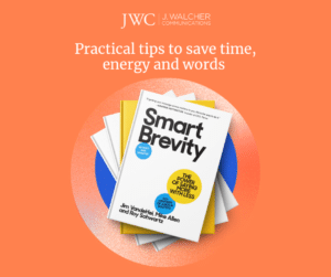 Orange background with J. Walcher Communications logo and the blog title in white text: Practical tips to save time, energy and words