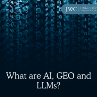 Dark blue image with three questions: What is AI? What is GEO? What are LLMs?