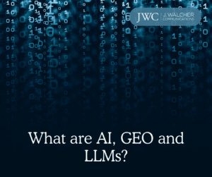 Dark blue image with three questions: What is AI? What is GEO? What are LLMs?